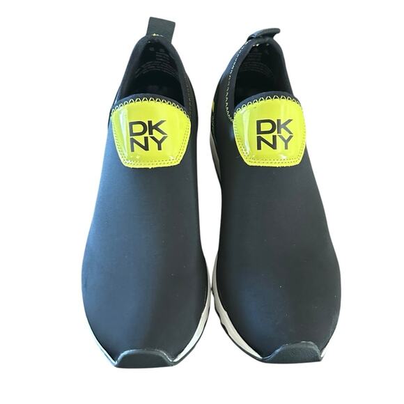 DKNY Jolie-Slip On Sneakers Neoprene Black Neon Yellow Logo NEW 6 - Picture 3 of 12